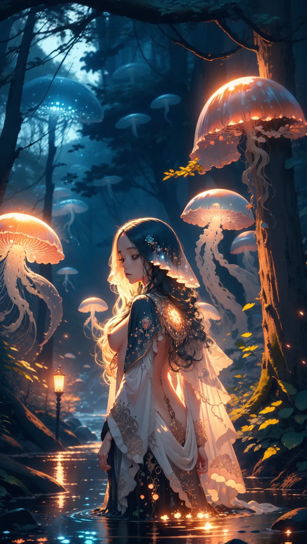 jellyfishforest, 1girl, mushroom, nude, long blond hair, scenery, solo, nature, water, wading, outdoors, tree, standing, black hair, fantasy, forest <lora:dpmg_jellyfish_forest:1>, zoomed in,