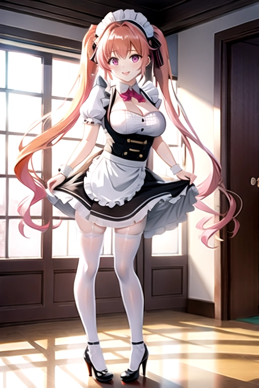 8k quality, pink eyes, pale white skin, orange hair, giant breasts, cleavage, looking at viewer, pov, long hair, wavy hair, full body photo, standing in living room, smiling, maid outfit, miniskirt, asian, pigtails, high heels