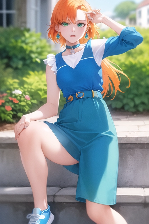 Gwendolyn Tennyson,( In the Original Series, Gwen has pale skin, green eyes and short orange hair held by a blue hairclip and wears sapphire earrings, an elbow-length blue raglan shirt with a cat logo, white capri pants, and white sneakers with dark blue stripes without socks).
