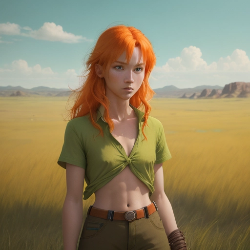a female adventurer, expansive grass lands, orange hair, light green shirt, fair skin, shirt is open and her small tits are visible, no bra