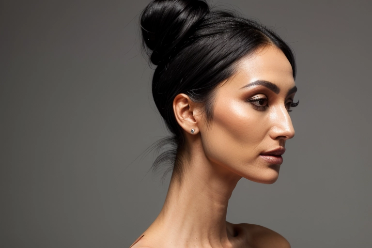 Closeup photo, gorgeous thin skinny girl, black hair worn in a severe bun pulled away from her face, white skin, revealing black dress