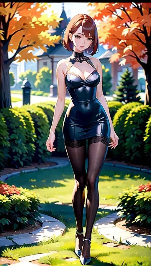 4k high detail, masterpiece, detailed background, garden, autumn, twilight, natural light, full body photo of, 1girl, beautiful, slim figure, long slender legs, medium breasts, short auburn hair, brown eyes, beautiful lips, short blue dress, gold lace, cleavage, standing