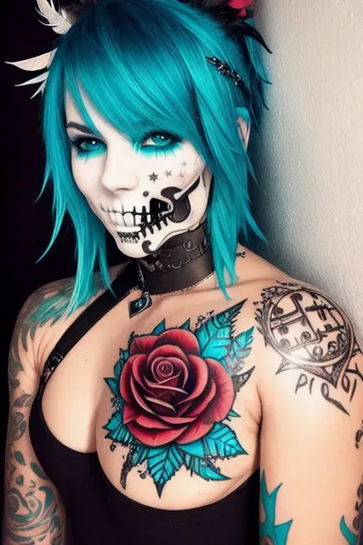 neiima tik tok star, broader face, smaller sharper green-blue eyes, face, turquoise hair, has 3 tattoos including skull on feather and roses on upper right arm, music notes around eye with heart-moon pupil on chest, and words love written on left arm, zoom out, show entire body, loose wet pussy visible dripping, has tattoos including skull on feather and roses on right arm, music notes around eye with heart-moon pupil, and love written on left arm
