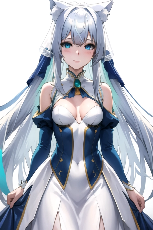 best quality, highres, ultra-detailed, neko, nekomimi, neko_ears, neko_tail, ((white_hair)), blue-green_eyes, upper_body, lower_body, small_breasts, cleavage, very_long_hair, (((detailed hands))), (((18))), aduld, highly detailed, wide shot, , (((correct anatomy))), light_blue_dress, (((long_dress))), ((wide_clothes)), ((small_thighs))), adventurer_outfit, thin, ((sfw)), safe_for_work, <lora:dpmg_violet_evergarden:1>, (elegance), (wedding_dress), snowy_landscape, smile