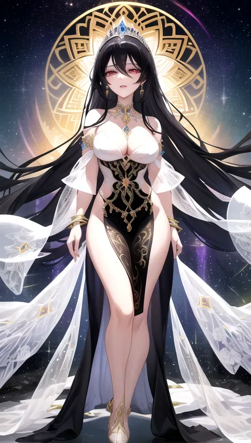 Graceful and slender body, Eyes that shimmer like deep pools of uncertainty, Long flowing raven-black hair, Porcelain-pale skin that contrasts with her dark hair, Full and luscious lips with a natural flush, Radiant smile with a perfect balance of warmth and mischief, Captivating hips, alluring sides, and shapely waist, Enchanting gaze revealing boundless compassion and unwavering faith, Mesmerizing beauty that seems to radiate from within, Form-fitting gown made from shimmering transparent otherworldly fabric, Intricate patterns and symbols on the dress reflecting dimensions and forces, Ornate choker-style necklace with an enigmatic sigil pendant, Elaborate arm cuffs adorned with arcane markings, Knee-high, intricately designed boots blending modern style with surreal elements,Transparent diaphanous gown with iridescent patterns, Celestial belt adorned with stardust-like gemstones, Shimmering bracelets, Intricate tiara adorned with luminescent gemstones
