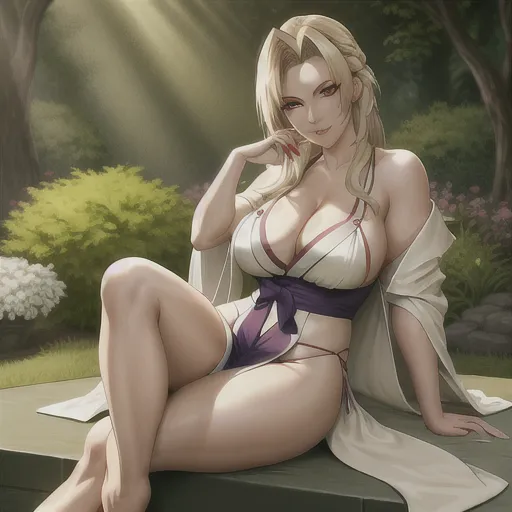 tsunade wearing an open and loose robe sitting in a garden, excellent lighting, high resolution, perfect face, leg up, showing thigh, biting fingertip