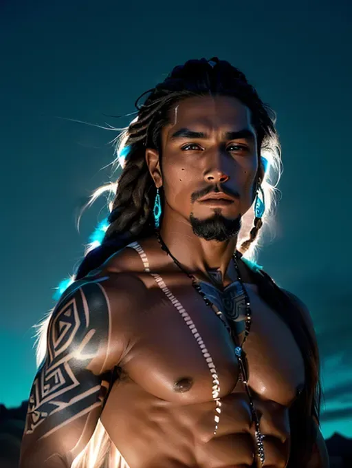(Battle hardened Native American man, long hair dreadlocks, long Viking style braided goatee, Deep photo, depth of field, ferrania p30 film, 85mm lens f1.8, accent lighting, global illumination, uplight, v4, q 2, SDXL 1.2, ultra best quality, ultra high quality, ultra high resolution, ultra high realism, ultra high realistic, ultra high masterpiece 1.0, enchantment 1.2, magical 1.2, ultra cinematic effects, ultra cinematic lighting, ultimate body builder physique, ultra defined muscle tone, facing camera, facing viewer, standing with head slightly tilted downward, eyes illuminated turquoise electric light, evil expression, rage full expression, dark tanned skin tone, islander style body tattoos)