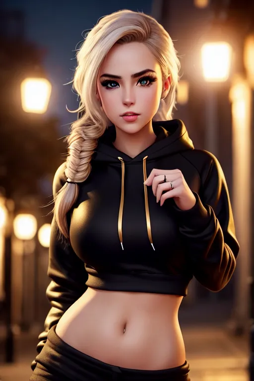 a concept art of,a denmark girl,wearing hoodie,dancing,outdoor,big breasts,five slender fingers,fishtail hair,gorgeous face,beautiful lips,black eyes,curved eyebrows,curved eyelid,romantic,wearing golden ring,bokeh,cinematic lighting,8k,professional,highly detailed