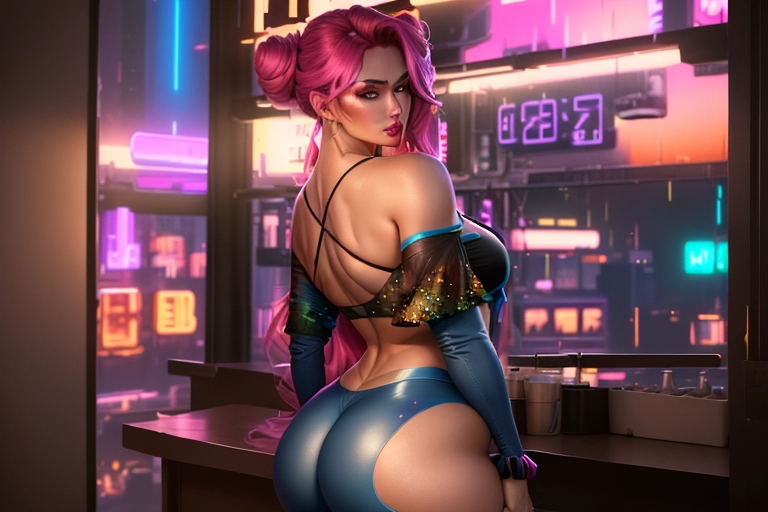 high resolution, ,photoreal, full body portrait, In the foreground a female wearing a colorful revealing top and shorts, the fabric of her outfit clings to her accentuating her appealing generous figure, striking a curvy confident pose, long flowing hair two buns, flirty, alluring, curvy, Thin waist, huge chest, large ass. in the background a large window overlooking a futuristic bustling neon city at dusk