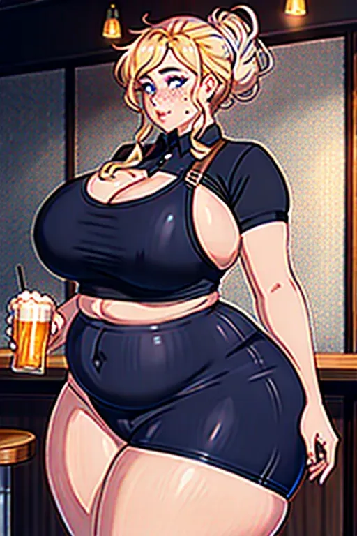 a photo shot of, an ssbbw girl, beer belly, mom bod, huge mom bod, fat mom bod, bloated, fat gut, huge gut, stuffed gut, swollen gut, huge stomach, giant beer belly, blushing, stuffed belly, chubby cheeks, indoor, fast food restaurant, thick neck, bombshell, slutty, fattest girl, huge breasts, large belly, huge belly, fat belly, fat rolls, giant belly, double chin, chubby, huge thighs, fat thighs, giant thighs, massive thighs, thicc thighs, muffintop, huge muffintop, fat muffintop, spare tire, thicc, five fingers per hand, messy hair, blonde hair, curly hair, messy bun hairstyle, wide hips, weight gain, feederism, freckles, blue eyes, pale skin, mean face, smooth, pixiv, highly detailed, surreal, sharp focus, full body, fat arms, huge arms, extra large hips, extra large waist, tight clothes, waitress uniform, waitress, black uniform, black clothes, black pants, black polo, all black clothes