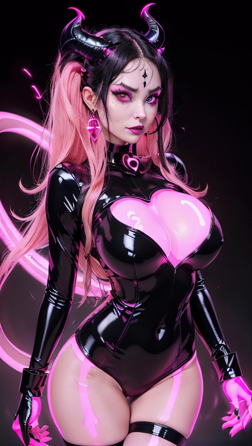 best quality, (((ultra high res))), (((detailed face and eyes))), (perfect face), (big shining heart choker), earrings, jewelry, (((big glowing succubus mark))), ((((big glowing succubus bodymark)))), (((conjuring))), (witch), ((long voluminous hair)), (((black latex gloves))), ((black hair)), (((golden bracelet))), (((huge hair cuff))), (((pink skintight neckholder dress))), (((pink glowing dress))), ((face closeup)), (lipstick), (((neckholder))), ((((demon tail)))), ((black long sleeves)), ((purple glowing heart)), (((big cameltoe))), (((demon mark))), heart on womb, (((((bright pink glowing skin tone))))), (((straight black hair))), ((pink glowing clothes)), ((huge boobs)), ((luminescent))