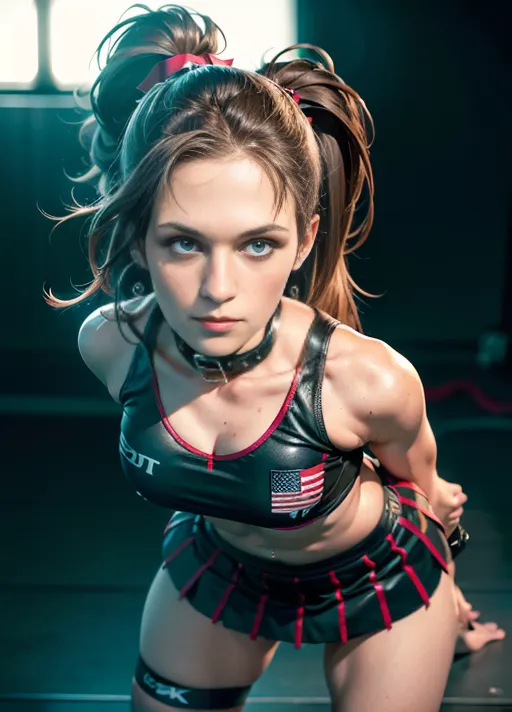 Ultra HD resolution, best quality, digital professional photograph ((Georgette Sanders))(((accurate face))), (full front view), (view from head to toes),(full front view), (perky ample breasts), (wearing a cropped cheerleader top)(wearing cheerleader skirt)(wearing leather collar and shackles), ((in a brothel)), lustful, seductive, (worried), demanding, orgasm look, highly detailed eyes, perfect eyes, beautiful face, ((slender athletic build)), RAW color, canon lens, sharp focus, earrings, (depth of field:1.5),(photorealism:1.8), (masterpiece), (((long SLEEK Straight HIGH PONYTAIL CENTERED ON TOP hairstyle)(BLUNT)(BANGS))),(dominant aggressive standing pose), ((smirking facial expression))