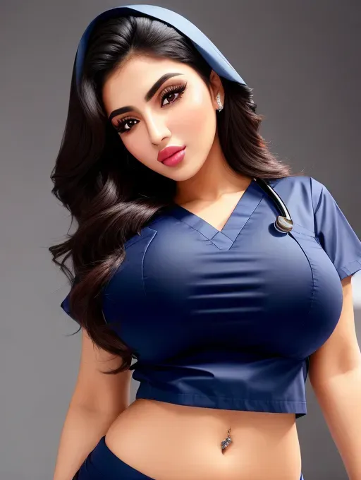 Gorgeous Arab woman, photo gorgeous attractive face, huge bimbo lips, enormous gigantic boobs, (gigantic boobs), black hair, slim waist, tight blue medical doctor cotton scrubs shirt, extremely photorealistic, best quality, ultra high resolution