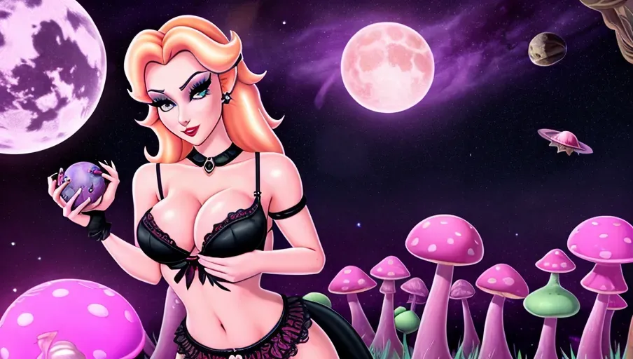 princess peach, goth girl, pink lingerie, topless, wide areolas, outer space, mushroom planet, beautiful, little boobs