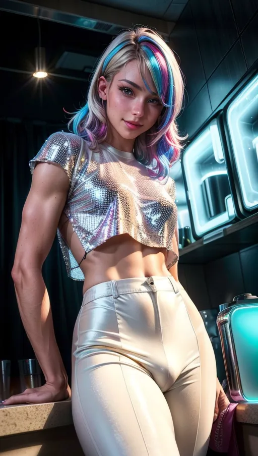 A professional photograph, a beautiful femboy (20) in (a sequined ((white)) shirt) and (a ((beige)) (see-through:1.1) disco trousers) is (waiting for a friend at the bar) in a night club, wavy black hair with (electric blue highlights:1.3), (smiling:1.1), beautiful face, beautiful eyes, flat chest, bulge in pants, cute pecs,
highly detailed, neon lights, Ball facet, vivid colours,<lora:dpmg_add_detail:1>, motivated lighting, cinematic composition, UHD, HDR, highest quality, highest resolution, (photorealist:1.72),(photorealism:1.72), (masterpiece:1.18), --s 750 --v 5.2