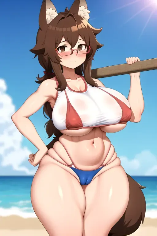 tomboy,glasses,medium boobs,bikini,blush, butt,5 feet tall,cameltoe, wolf ears,wolf tail,gym,brown hair,huge hips