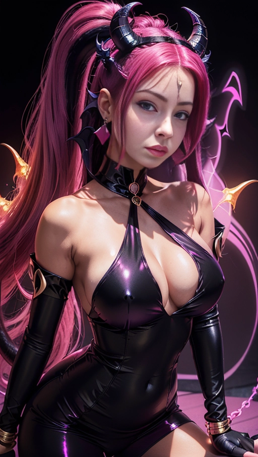 best quality, (((ultra high res))), (((detailed face and eyes))), (perfect face), big shining heart choker, earrings, jewelry, (((big glowing succubus mark))), ((((big glowing succubus bodymark)))), (((conjuring))), (witch), ((long voluminous hair)), (((black gloves))), ((pink hair)), straight hair, (((golden bracelet))), ((single ponytail)), (((huge hair cuff))), ((skintight neckholder dress with low neckline)), ((face closeup)), purple, (burgundy red lipstick), (((neckholder top with low neckline))), ((((demon tail)))), ((long sleeves)), ((purple glowing heart)), (((cameltoe)))