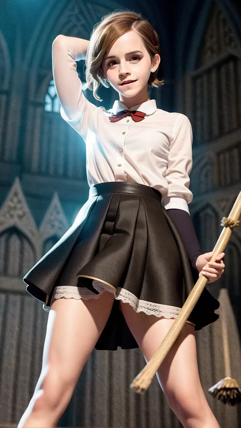 Dopamine Girl - emma watson, wearing Hogwarts uniform, smiling, mini skirt, upskirt, white lace