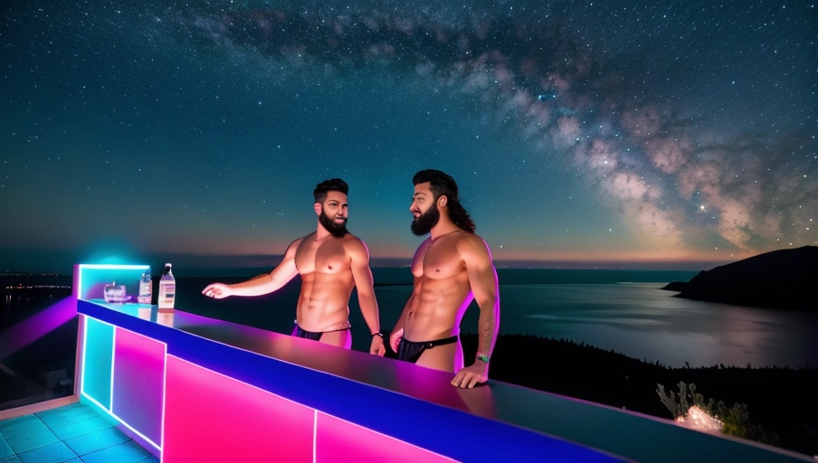 two naked ripped bearded wizards posing in a spread Y formation floating through neon space Also add a water bottle in the right ones hand