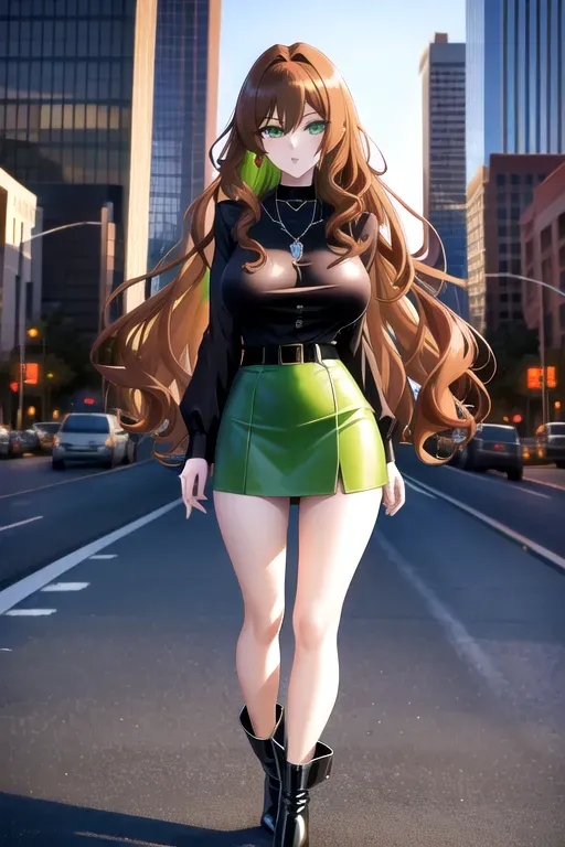 full body, chestnut hair, green eyes, short girl, green miniskirt, black high heel boots, looking at viewer, long hair, pale skin, black necklace, black blouse, 24 years old, big breasts, cute face, pov, wavy hair, city environment, Oklahoma City, wide eyes
