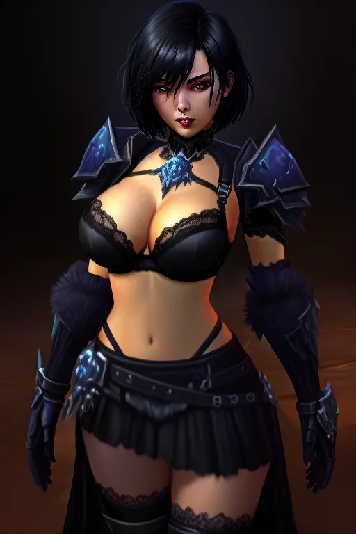 world of warcraft, fantasy human female death knight, short black hair, large breasts, black lace bra, long black kilt,