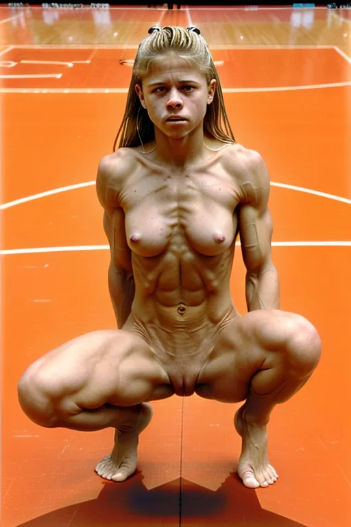 A very fit 18 year old fully naked Linda Hamilton, look of pain on her face, pushing her abs out, very low body fat, extremely lean body, perfect body, showing her vagina, squatting on a NBA basketball ball court in front of an audience, fully nude, spreading her legs, perfectly shaped breast, blonde hair, spreading her legs wide open, barefoot