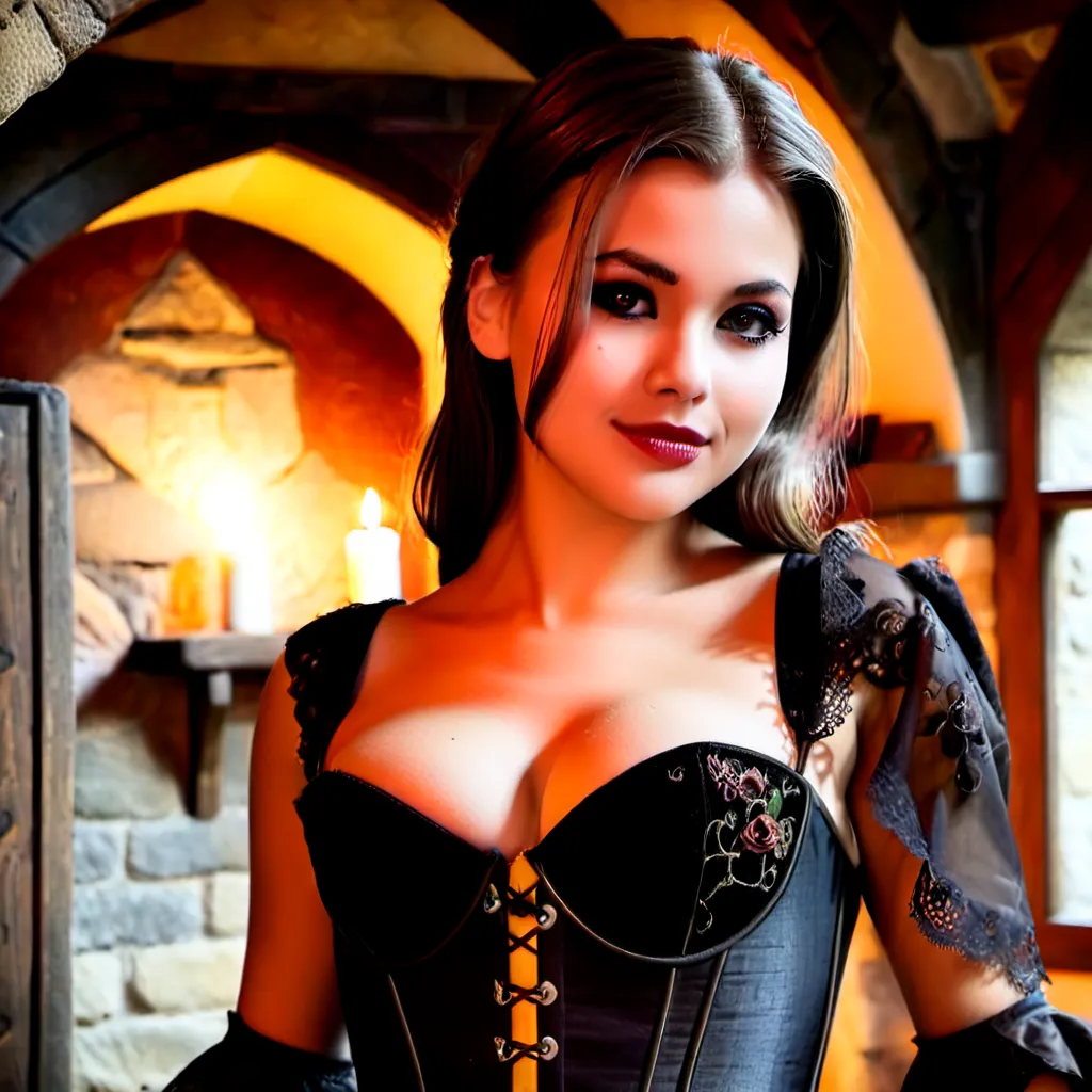 A full-body cinematic portrait of an adorable young girl with a distinct goth aesthetic, maintaining her natural facial dimensions and soft features. She has large, expressive hazel eyes framed by delicate dark eyeliner and long lashes, and a slight, mysterious smile on her rose-tinted lips. Her medium-sized round breasts are elegantly pushed together to create a prominent cleavage within a structured corset-style dress made of intricate black lace and velvet. The dress flows down her frame in a medieval silhouette. She stands in the center of a rustic, dark medieval cottage, where the atmosphere is moody and atmospheric. The background features rough-hewn stone walls, heavy timber beams, and flickering candlelight that casts warm, dancing shadows across the room. Dust motes dance in the dim light, highlighting the textures of the lace and her smooth skin. The camera uses a wide-angle perspective to capture her entire figure against the cozy interior. The color palette is dominated by deep charcoals, rich blacks, and warm amber glows, creating a sophisticated yet mystical mood. High-detail textures, 8k resolution, photorealistic style with soft volumetric lighting.