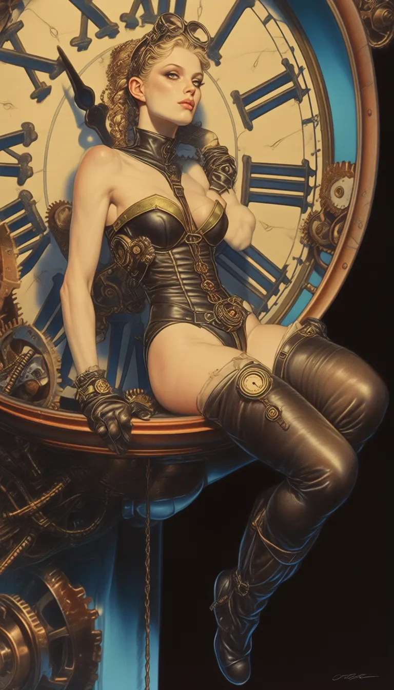 ArsMJStyle, Colored pencil hyperdetailed realism, A woman lounges atop a giant grandfather clock, legs dangling over its side, one foot brushing against the pendulum swinging below. She wears a steampunk-inspired bodysuit made of leather and brass-plated mesh, straps crisscrossing over her torso, gears embedded subtly into her hips and ribs. Her hair is coiled into intricate braids woven with copper wire, and she wears goggles pushed up onto her forehead, revealing smoky eyes and glossy lips. One gloved hand rests on her thigh, the other adjusts a dial on her wrist that glows faintly. Behind her, gears turn slowly in the clock’s inner workings, casting rhythmic shadows across her skin. Lighting is warm amber mixed with cool mechanical blues. Skin texture shows slight oil sheen from machinery, metal components reflect light with precision, fabric blends industrial and sensual.