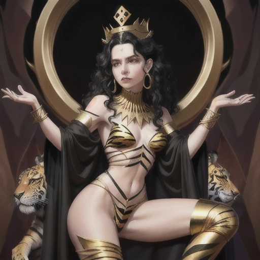 Beautiful woman, with stern expression, with curly black hair, with very pale skin, wearing heavy gold earrings, wearing a crown made of tigers teeth bound with a strip of bark, wearing broad strips of black silk which cover most of her torso and the tops of her legs, with legs bare below the knee, with bare arms