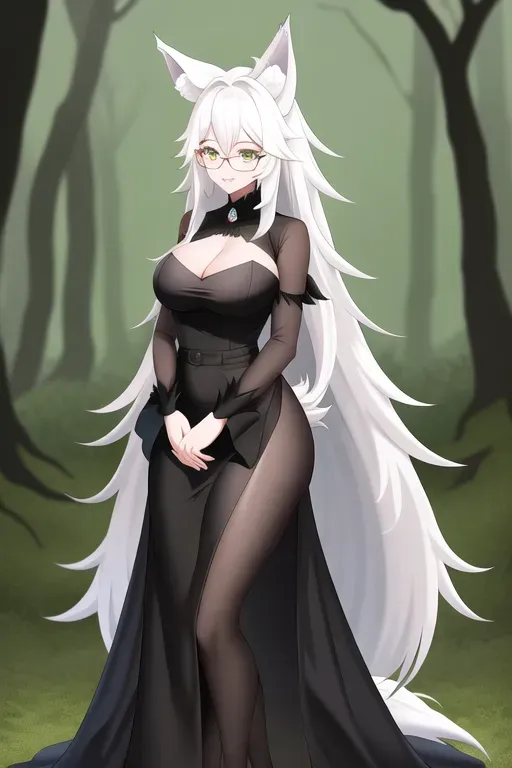 woman, wolf ears, wolf tail, long white hair, green eyes, black dress, sweet face, eyeglasses, in the woods, total body, standing