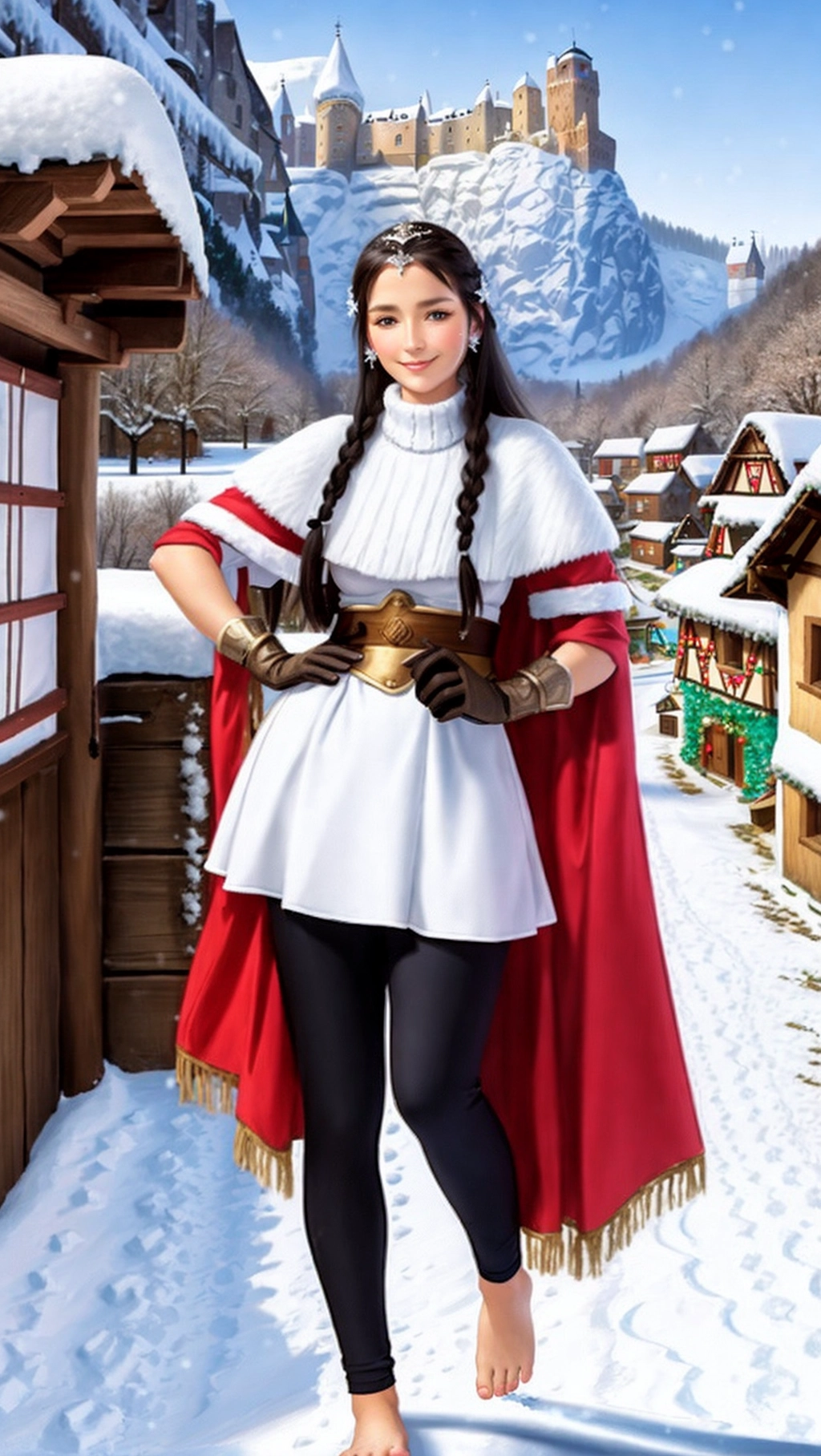 full-body image of a fit tan thin beautiful barefoot German adventurer woman with long hair wearing medieval adventurer attire while in a snowy village, (beautiful petite feminine feet: 1.2), (barefoot: 1.3), (wearing warm black medieval adventurer attire: 1.2), (long dark hair: 1.2), (German woman: 1.3), (bustling snowy village: 1.4), (icy toes: 1.2), (gloves: 1.3), (markings on feet: 1.3), (smug smirk: 1.2), (adventurer pants: 1.2),