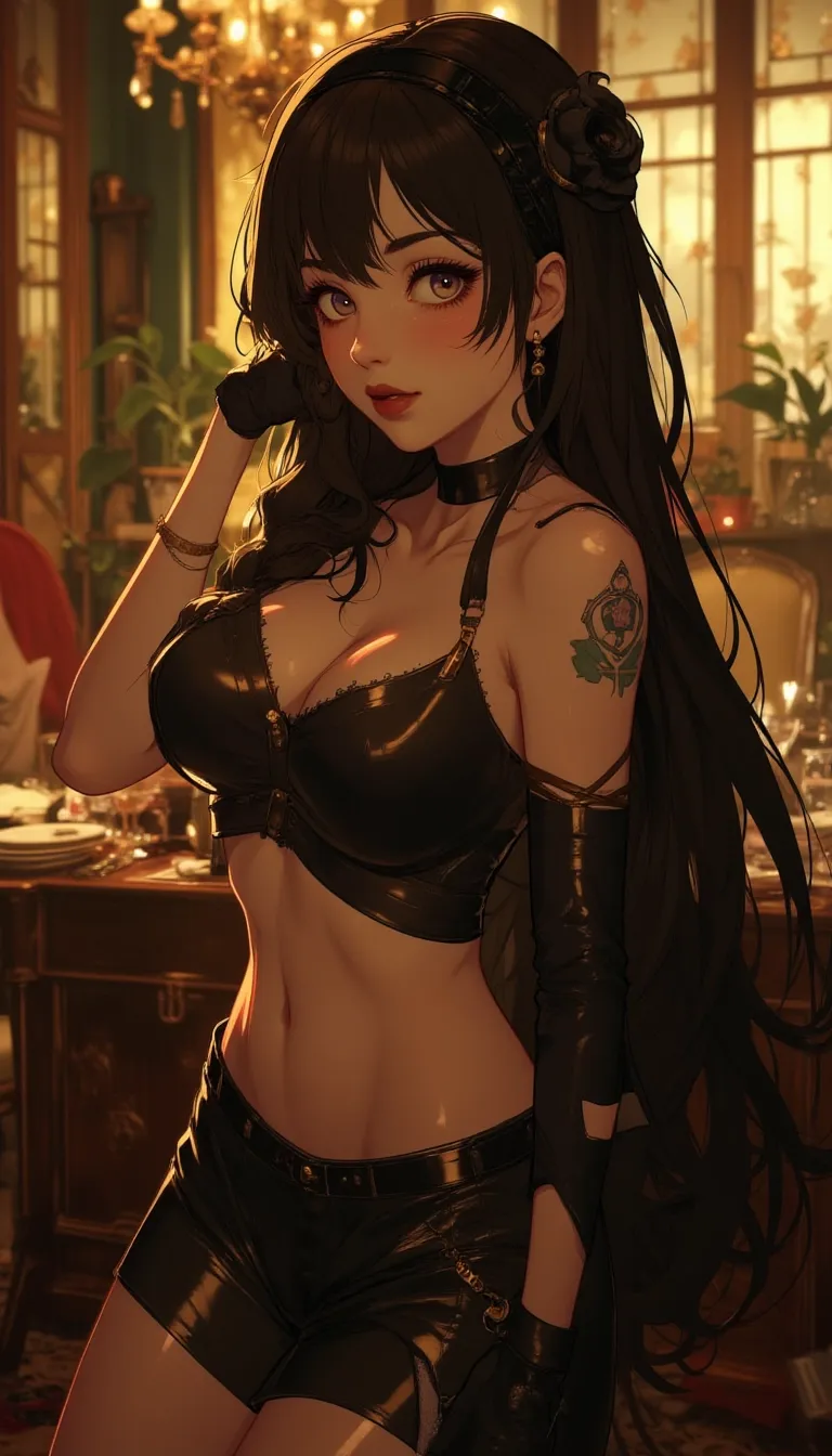 Anime style. 1boy, Serena, SerenaRH, very long straight black hair, brown eyes, gorgeous lips, dark lips, medium perky breasts, perfect body, large hips, fit body, thick thighs, 1g0r, Dutch angle, earrings, elegant, makeup, fancy party room, indoor, golden details, dramatic light, face closeup, parted lips, makeup, abs, solo, parted lips, shiny skin, sweat, brown hair, toned, brown eyes, big breasts, braid, muscular male, black hair, long hair, looking at viewer, indoors, easynegative, FMAB_Envy, 1boy, solo, long hair, black hair, purple eyes, slit pupils, headband, crop top, bare shoulders, midriff, gloves, fingerless gloves, skirt, side slit, bike shorts under skirt, bike shorts, toeless legwear, leg tattoo, 1femboy, on knees