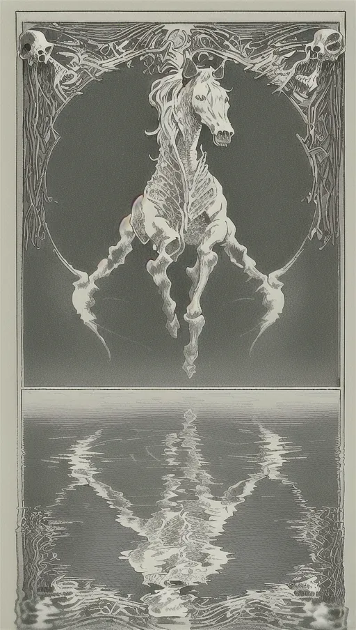 ((128k masterpiece)) (In water reflection is skull image) vintage etching style illustration of a Scottish kelpie water creature, (((Vintage line etching style))). a bestiary image of a traditional (welsh kelpie fantasy mythical creature), dynamic compositional poster art)), kelpie:1.5 water dwelling horse of sadness, ((half-horse-half-fish)) as in water reflection skeletons hands raise from water skulls in water