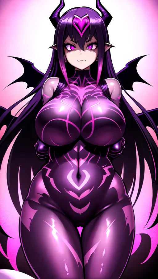 best quality, ultra high res, detailed face and eyes, perfect face, big shining heart choker, earrings, jewelry, very long voluminous hair, (pink glowing hair:1.2), lipstick, purple long sleeves, purple glowing heart, demon mark, straight hair, (huge boobs:1.3), black demon horns, very very long hair, perfect face and eyes, straight hair, sexy succubus girl, pink glowing eyes, (demon wings:1.4), big glowing cameltoe, (purple corrupted symbiote suit:1.5), dark background, (pink glowing demon diadem:1.4), (dark spiked crown:1.2), (thick succubus tail:1.3), demon tail, (pink glowing heart pasties:1.2), standing straight, shiny leather, purple leather skin, purple skin, bondage, strings, ropes