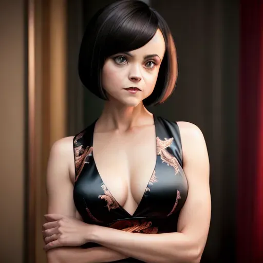 a (UHD)(4k)realistic (wide shot) (full body) concept art of single woman (young Christina Ricci),(Sly)(mischievous)(sultry)(smirking),(Wearing tight Black Chinese dragon print Cheongsam dress), (in a penthouse apartment),(accurate face),(pinup art), (sexy active pose)(upskirt), (slender build)(Athletic Build)(skinny)(perfect ass), (small breasts) (B Cup)(perky breasts)(hard nipples), five slender fingers, (very short blunt Dutch Bob cut hairstyle) (straight hair)(sleek), beautiful face, beautiful lips, detailed eyes, curved eyebrows, cinematic lighting, studio lighting, professional, editorial