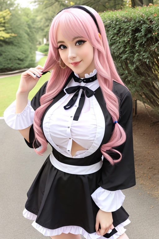 long hair, pale skin, pink hair, blue eyes, black choker, giant H-cup breasts, wavy hair, maid uniform, smiling, full body photo, 28 years old, miniskirt, cleavage, high heels