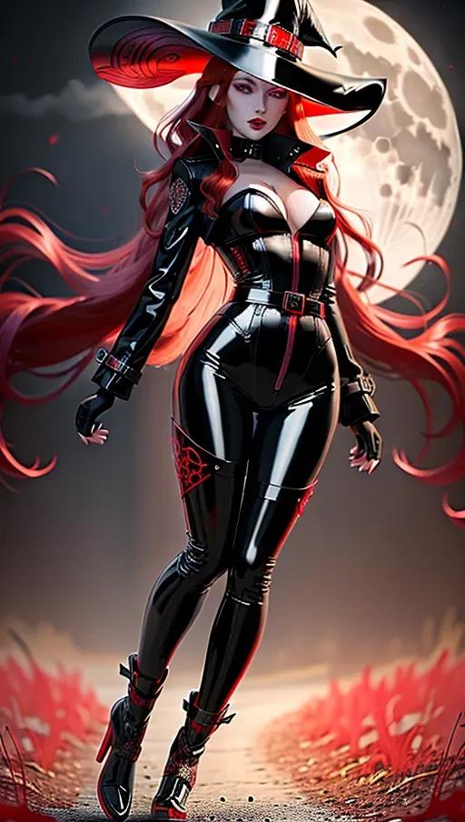 6 foot 7 Woman, pale skin, violet eyes, (((long flowing red hair down to her butt))), (((A Skin Tight Matte Black Latex Body Suit with Red Filigree))), Thigh High Boots with Red Laces, ((((A Black Trench Coat with a Red, Glowing Liner that reaches down to the ankles)))), A Black Witch Hat with a Red Leather Belt and Silver Buckle on it with a glowing Red liner, forest at night, full moon,