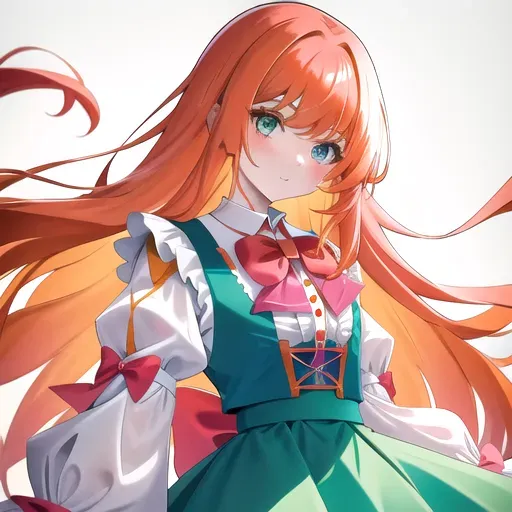 fair skin, long orange hair, green eyes, pink collared button up blouse, blue skirt, puffy sleeves, red bow in her hair