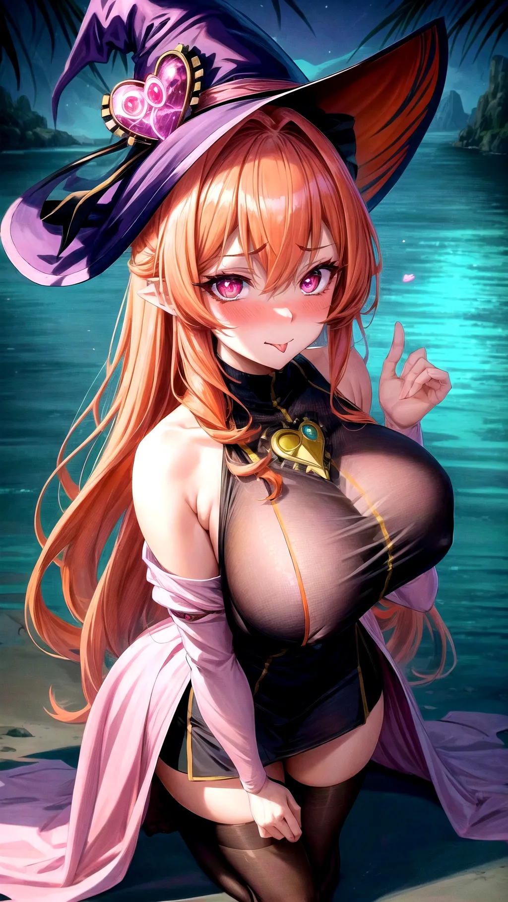 Maximum resolution, masterpiece, hyper quality, full body image, hyper detail, beautiful, ray tracing, female focus, solo, 1girl,
a sexy witch with massive boobs and orange hair, neon pink eyes, mouth open tongue out, glowing eyes, long eyelashes, eyeliner, wearing long thin dress, arm sleeves, detailed eyes, detailed face, perfect body, lakeside background, modest clothing, shy face, blushing, very submissive face, very submissive, very submissive eyes, blushing face, heart shaped pupils, hearts in eyes, hearts, in love with viewer, looking at viewer, heart eyes, detailed background, <lora:dpmg_add_detail:1>,
