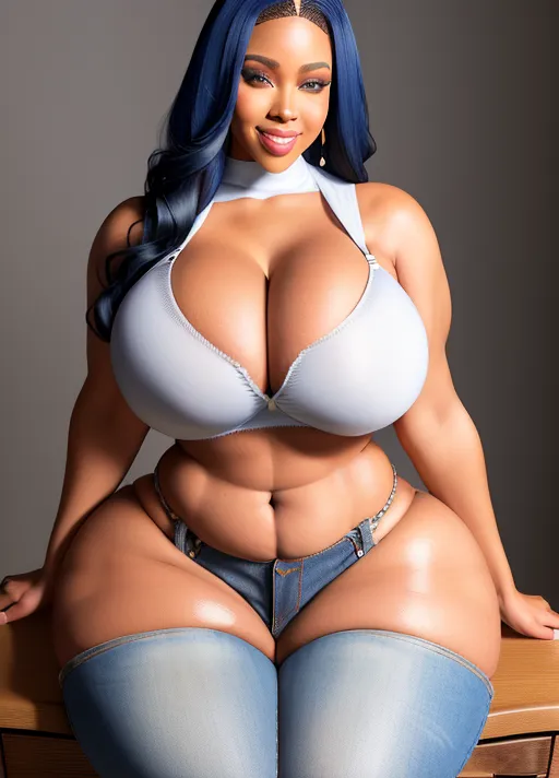 lightskin heavy thick curvy legs spread apart sitting on stool ebony girl (((thick hips))) (((voluptuous))) huge breast open white shirt tight ((blue Jean shorts)) huge nipples (curvy) huge cleavage thigh high stockings heels full body photo curvy slimthick (((sexy grin))) (nude breast)