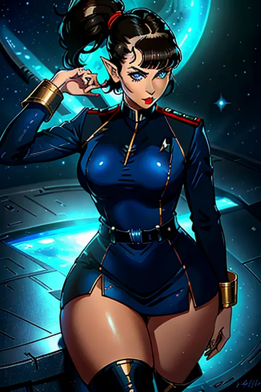 Star trek the original series, vulcan female, science officer, lieutenant bands around cuffs, brunette hair in a pony tail, sharp pointed ears, dark trimmed eyebrows, blue eyes, cute nose, gount cheeks, red lips, brown skin, solid blue hip length uniform skirted uniform, thigh high boots, fit build, c-cup breasts, average waist size, thick butt, curvy thighs, aroused clit, wet pussy, waiting for me to fuck her, high definition, 4k quality, excellent lighting, great shading, pristine detail, very clear picture, beautiful vibrant colors, accurate at lower prompt guidence, ultra realistic, five fingers per hand.