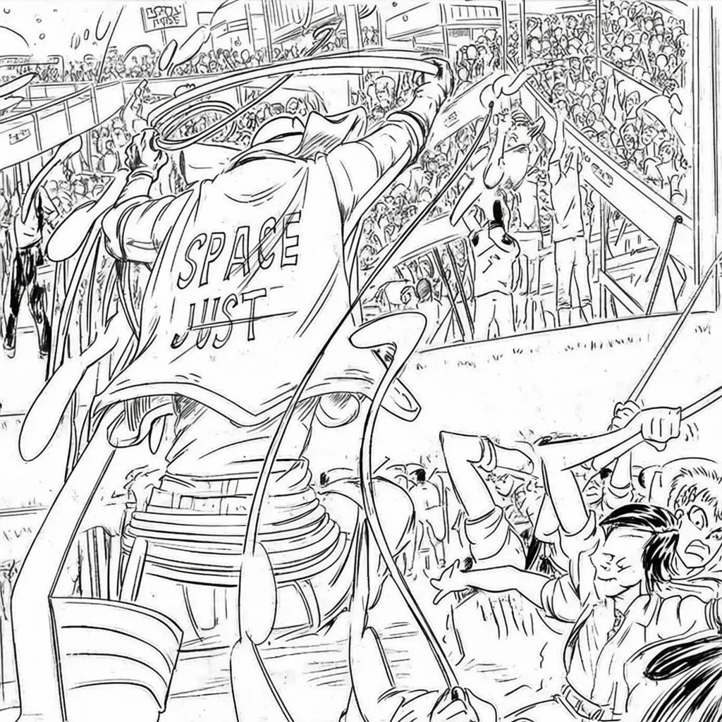The space cowboy chases the deranged fisherman underneath the causeway, eager to collect on his bounty. Fishing rods and lines hang off the back off the fishermen as he darts between the bustling market crowd. We see the back of the space cowboy in his space poncho emblazoned with the words SPACE JUSTICE, spinning his lasso over his head. A child on the sidelines excitedly cheers the cowboy. 1990s hand drawn anime style with strong fluidity