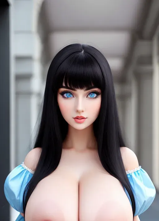 Gorgeous European babe, raven-haired beauty, black hair, pale skin, photo gorgeous attractive face, light blue eyes, huge gigantic boobs, (gigantic boobs), photorealistic, best quality, ultra high resolution