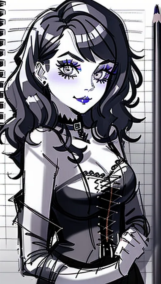 sketch of beautiful goth girl taking selfie, pencil sketch on lined paper, art, rapid pencil sketch, guide lines visible, no shading, pencil sketch of woman, pencil sketch of goth, realistic drawing, true to life, lined paper sketch,