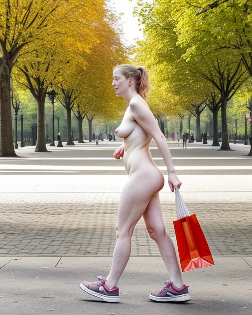 a casually naked girl wearing only a pair of sneakers and carrying her purse and a shopping bag is sexually aroused and displaying herself in public while walking naked through a public park