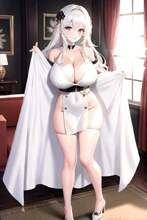 8k quality, brown eyes, pale white skin, white hair, giant breasts, cleavage, looking at viewer, pov, long hair, wavy hair, full body photo, standing in living room, smiling, completely naked