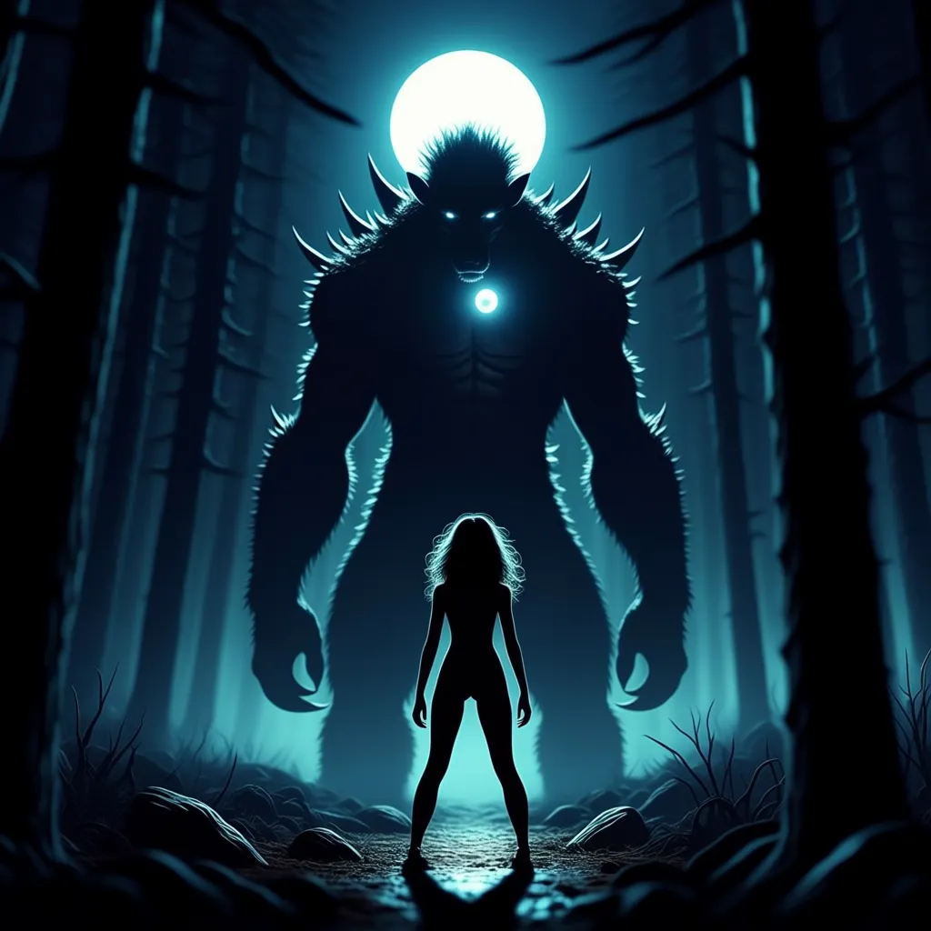 Background is dark evil forest, in the darkness a giant male monster with spikes looms, backlit by the moon, it has a giant erect human looking cock and balls that is lit by an eery light,
In the foreground is the silhouette of a girl, dwarfed by the size of the monster, she is naked and she stands with her legs apart, ready to face the monster,
High contrast manga look,