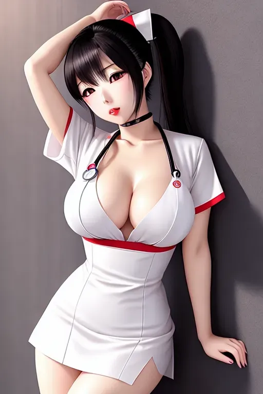 a illustration of,ai uehara,wearing nurse clothes,leaning against the wall,indoor,big breasts,five fingers per hand,ponytail,beautiful face,beautiful lips,curved eyebrows,curved eyelid,pale skin,romantic,wearing golden ring,cgsociety,professional,pixiv,smooth,highly detailed,boobs out,