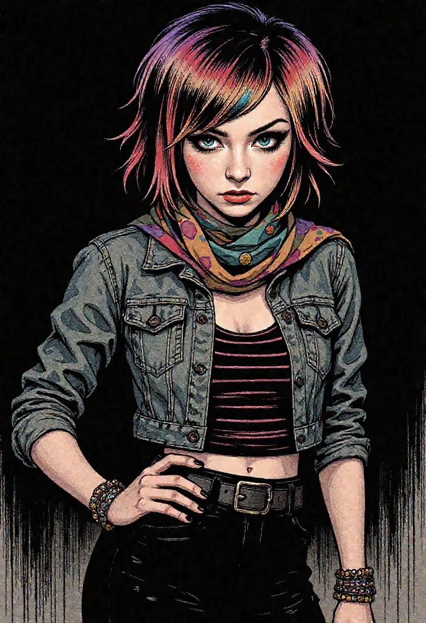 full-body portrait, pastel-glazed heartbreak, teenage popstar with knife-lined mascara, soft-voiced threat, glitter in the blood, bruised neon stare, spotlight survivor, chart-topping damage, saccharine defiance, fragile gloss layered over control
hand-drawn graphic novel style, bold ink contour lines with halftone shading, smudged lighting on a solitary figure, teased layered hair with pastel-dyed tips and streaked crown volume, sharp cheekbone shadows, glossed lips pulled tight with something unsaid, over-inked mascara and winged eyeliner like weaponized emotion, flushed skin across a clenched jaw, eyes drawn wide and weary with spotlight fatigue
tattered cropped denim jacket with rolled-up sleeves, colorful mismatched buttons like fan confessions, fitted pinstriped wifebeater tank top inked with grainy shadow lines, full-length opaque black tights, oversized scarf slung around her waist like a thrifted secret, wrapped and knotted like she’s holding something back, ornate mismatched bracelets on each wrist like stolen moments, deft long fingers posed mid-expression, black nail polish chipped but deliberate, stance caught between defiance and restraint, body language reading like a lyric she didn’t want to write
stage-lit shadow ambience, low light pooled around studio floor, mic stand out of frame like a ghost of the last take, distant red light blinking in rhythm with her regret, tape reels somewhere off-panel hissing with silence, subtle poster framing around her as if every inch was meant to hurt
she sings like a confession no one deserved, her voice is vinyl-thin and razor-sharp, she walks like she’s tired of being forgiven, everything she wears tells you where it hurts and when it last bled, you can see the verses in how she breathes, every layer is emotional armor dressed up like styling
pop heartbreak rendered in bold ink and halftone blush, pastel grief broadcast through noise and posture, no chorus, just consequence