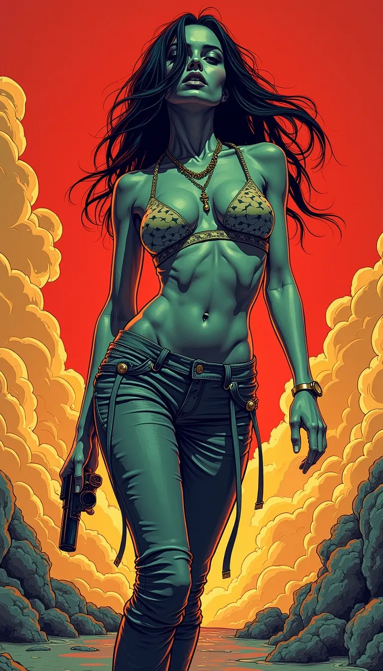 photorealistic and surrealistic film in a comic illustrations style by Mike Deodato, (interesting unique diverse complex character design that is a woman:1.2), (photorealistic detailed face:1.1), (classic stereotypical over tuned retro comics body shape and anatomy),
big variation of colors , smooth pencil brush to create a composition of vivid colors, thick black outlines, flat shading, minimal highlights ,interesting detailed Foreground and background depth are clear giving visual complexity to the scene